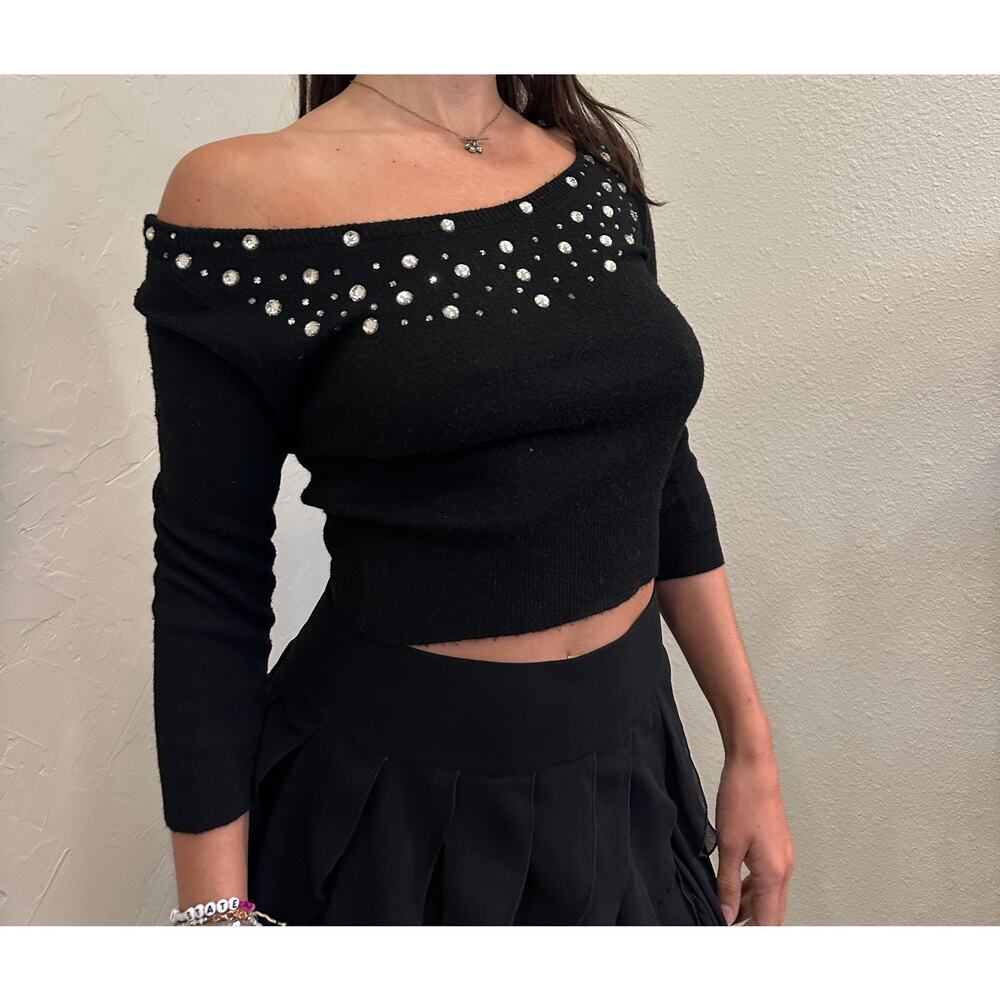 Women's Small Sweater Black off-the-shoulder cropped knit rhinestone Vintage